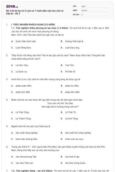 Bộ 3 đề thi học kì 2 Lịch sử 7 Cánh diều cấu trúc mới có đáp án - Đề 3