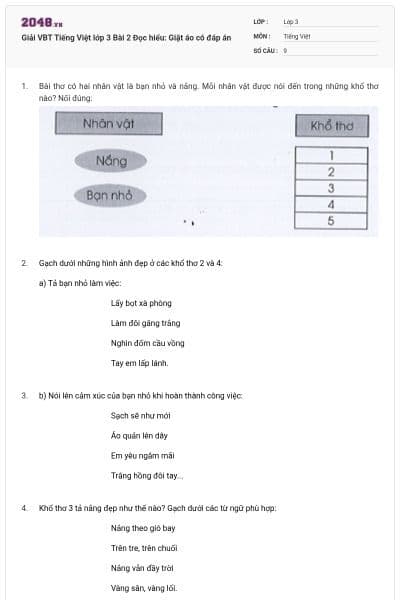 Giải VBT Tiếng Việt lớp 3 Bài 2 Đọc hiểu: Giặt áo có đáp án