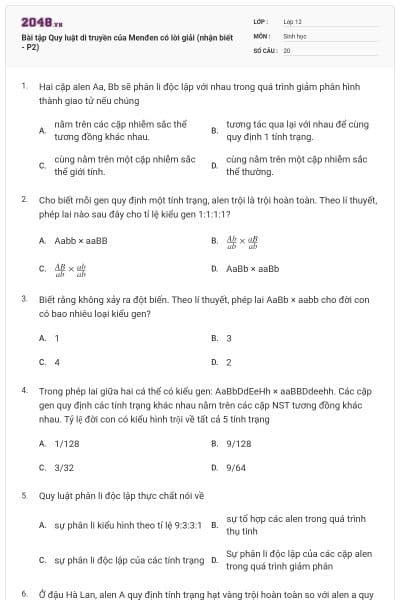 Bài tập Quy luật di truyền của Menđen có lời giải (nhận biết - P2)