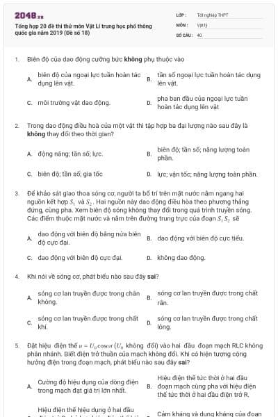 Tổng hợp 20 đề thi thử môn Vật Lí trung học phổ thông quốc gia năm 2019 (Đề số 18)