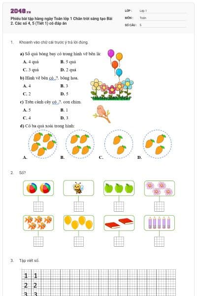Phiếu bài tập hàng ngày Toán lớp 1 Chân trời sáng tạo Bài 2. Các số 4, 5 (Tiết 1) có đáp án