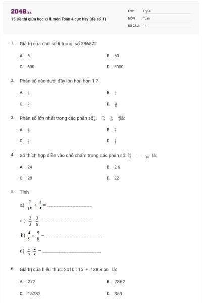15 Đề thi giữa học kì II môn Toán 4 cực hay (đề số 1)