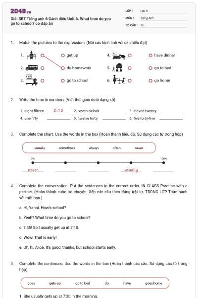 Giải SBT Tiếng anh 6 Cánh diều Unit 6. What time do you go to school? có đáp án