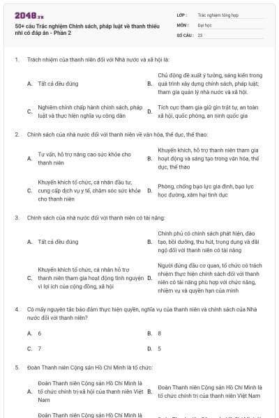 50+ câu Trắc nghiệm Chính sách, pháp luật về thanh thiếu nhi có đáp án - Phần 2