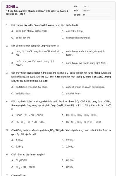 14 câu Trắc nghiệm Chuyên đề Hóa 11 Đề kiểm tra học kì 2 (có đáp án) - Đề 4