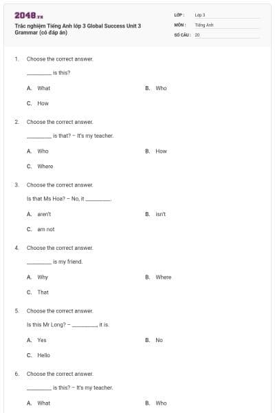 Trắc nghiệm Tiếng Anh lớp 3 Global Success Unit 3 Grammar (có đáp án)
