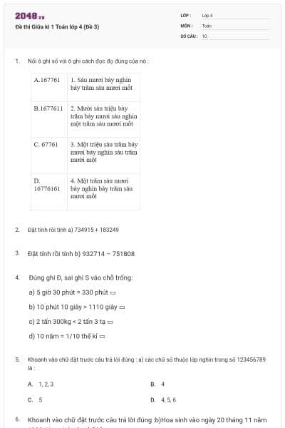 Đề thi Giữa kì 1 Toán lớp 4 (Đề 3)