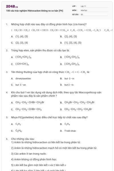 100 câu trắc nghiệm Hidrocacbon không no cơ bản (P4)