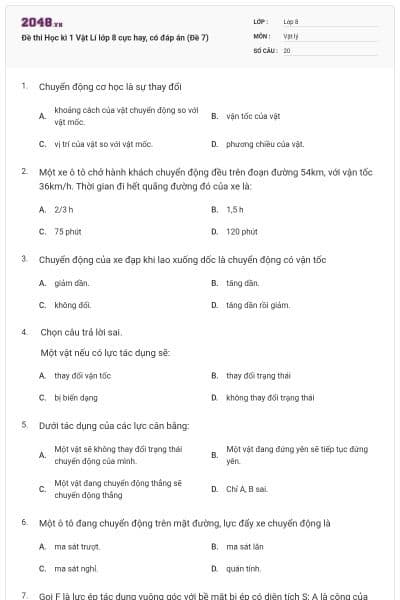 Đề thi Học kì 1 Vật Lí lớp 8 cực hay, có đáp án (Đề 7)