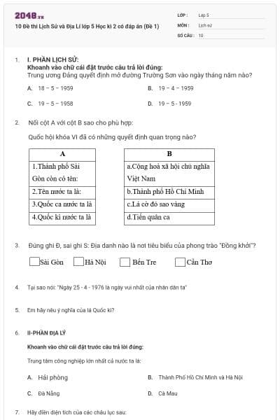 10 Đề thi Lịch Sử và Địa Lí lớp 5 Học kì 2 có đáp án (Đề 1)