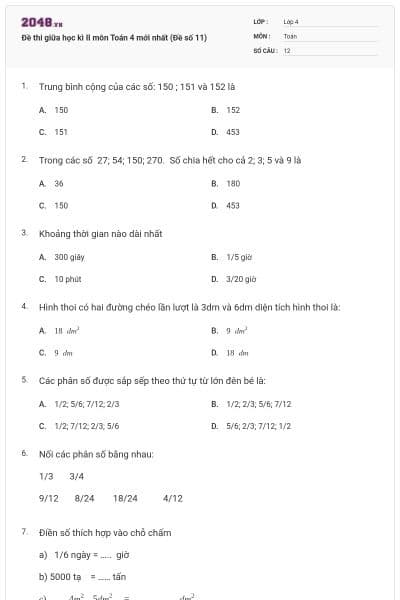 Đề thi giữa học kì II môn Toán 4 mới nhất (Đề số 11)