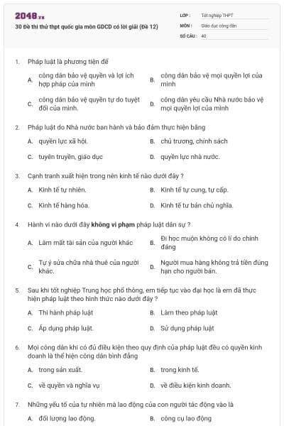 30 Đề thi thử thpt quốc gia môn GDCD có lời giải (Đề 12)
