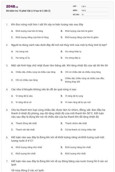 Đề kiểm tra 15 phút Vật Lí 6 học kì 2 (Đề 2)