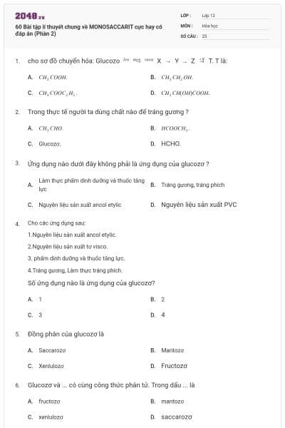 60 Bài tập lí thuyết chung về MONOSACCARIT cực hay có đáp án (Phần 2)