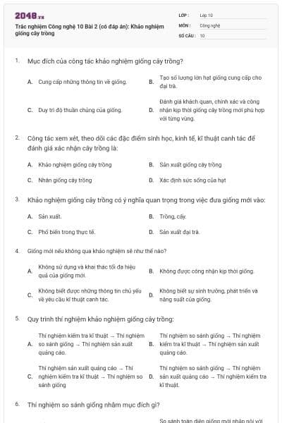 Trắc nghiệm Công nghệ 10 Bài 2 (có đáp án): Khảo nghiệm giống cây trồng