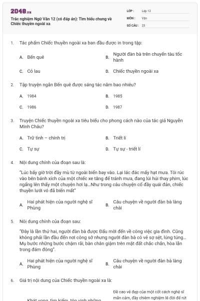 Trắc nghiệm Ngữ Văn 12 (có đáp án): Tìm hiểu chung về Chiếc thuyền ngoài xa