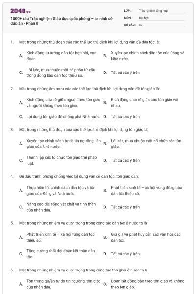 1000+ câu Trắc nghiệm Giáo dục quốc phòng – an ninh có đáp án - Phần 8