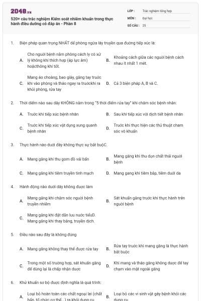 520+ câu trắc nghiệm Kiểm soát nhiễm khuẩn trong thực hành điều dưỡng có đáp án - Phần 8