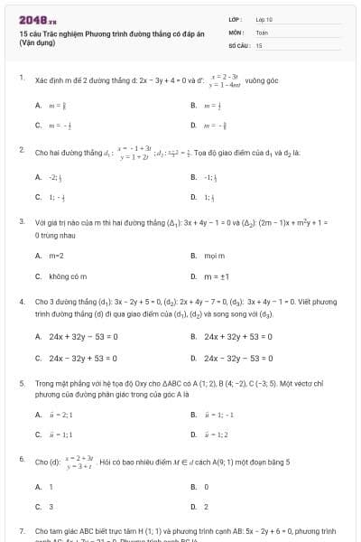 15 câu Trắc nghiệm Phương trình đường thẳng có đáp án (Vận dụng)
