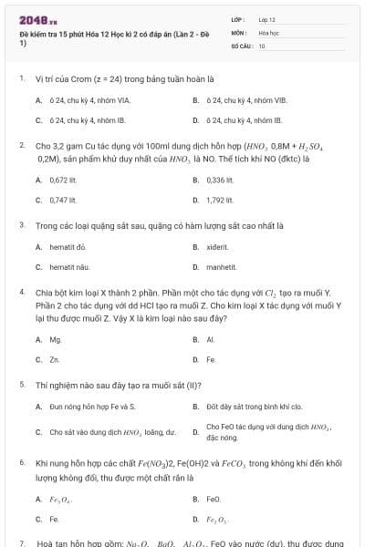 Đề kiểm tra 15 phút Hóa 12 Học kì 2 có đáp án (Lần 2 - Đề 1)