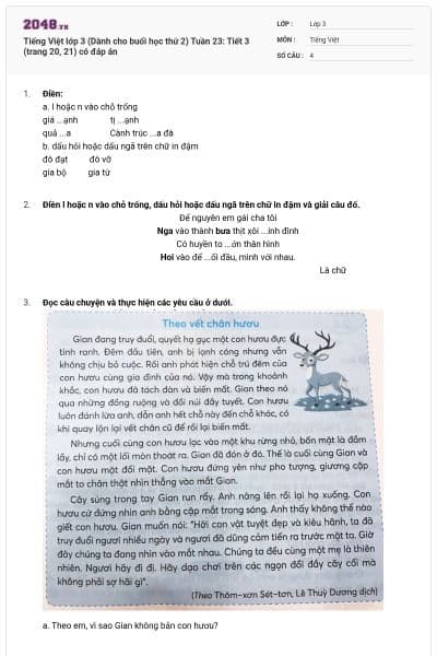 Tiếng Việt lớp 3 (Dành cho buổi học thứ 2) Tuần 23: Tiết 3 (trang 20, 21) có đáp án