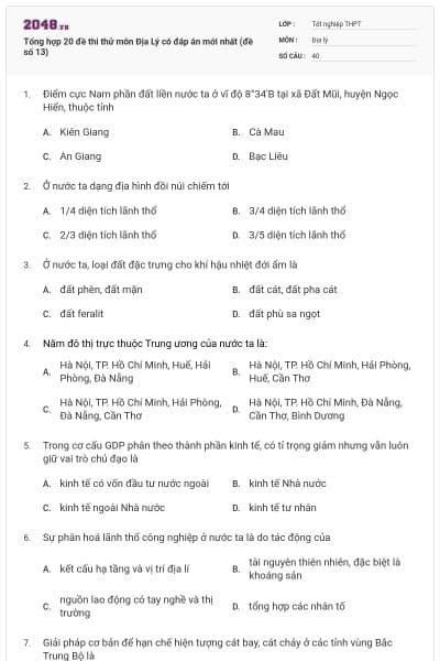 Tổng hợp 20 đề thi thử môn Địa Lý có đáp án mới nhất (đề số 13)