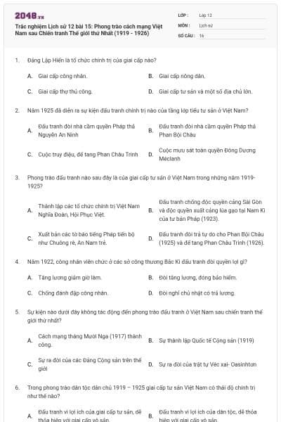 Trắc nghiệm Lịch sử 12 bài 15: Phong trào cách mạng Việt Nam sau Chiến tranh Thế giới thứ Nhất (1919 - 1926)