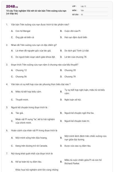 10 câu Trắc nghiệm Vài nét về văn bản Trên xuồng cứu nạn (có đáp án)