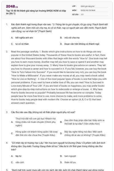 Top 10 đề thi Đánh giá năng lực trường ĐHQG HCM có đáp án (Đề 1)