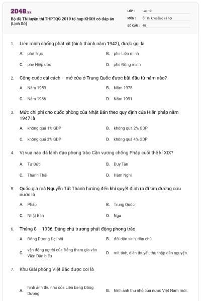 Bộ đề TN luyện thi THPTQG 2019 tổ hợp KHXH có đáp án (Lịch Sử)