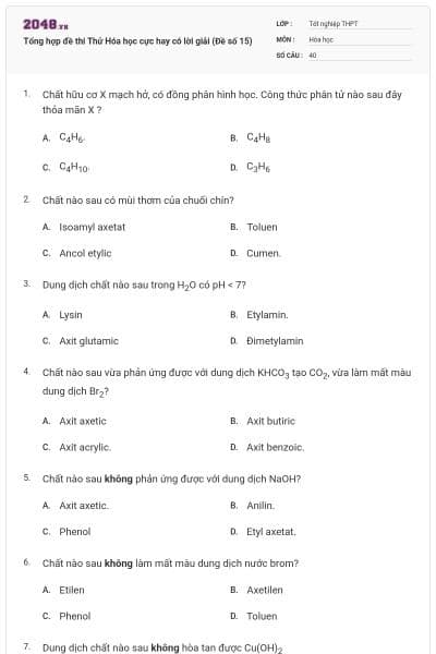 Tổng hợp đề thi Thử Hóa học cực hay có lời giải (Đề số 15)