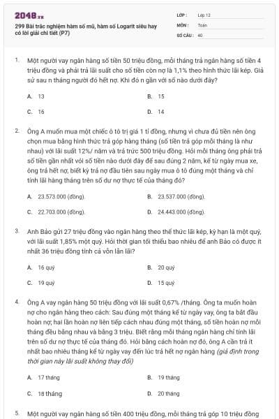 299 Bài trắc nghiệm hàm số mũ, hàm số Logarit siêu hay có lời giải chi tiết (P7)