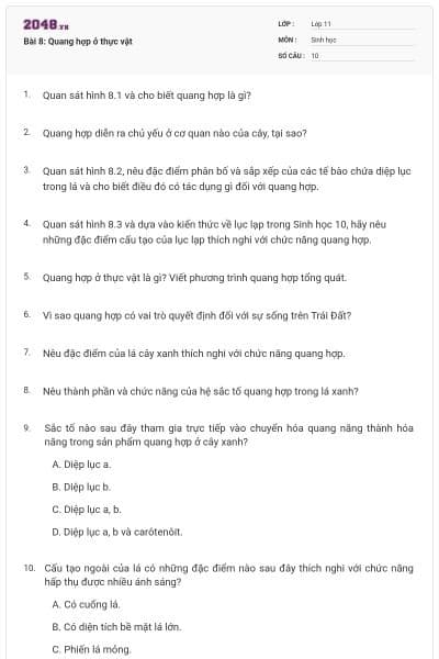Bài 8: Quang hợp ở thực vật