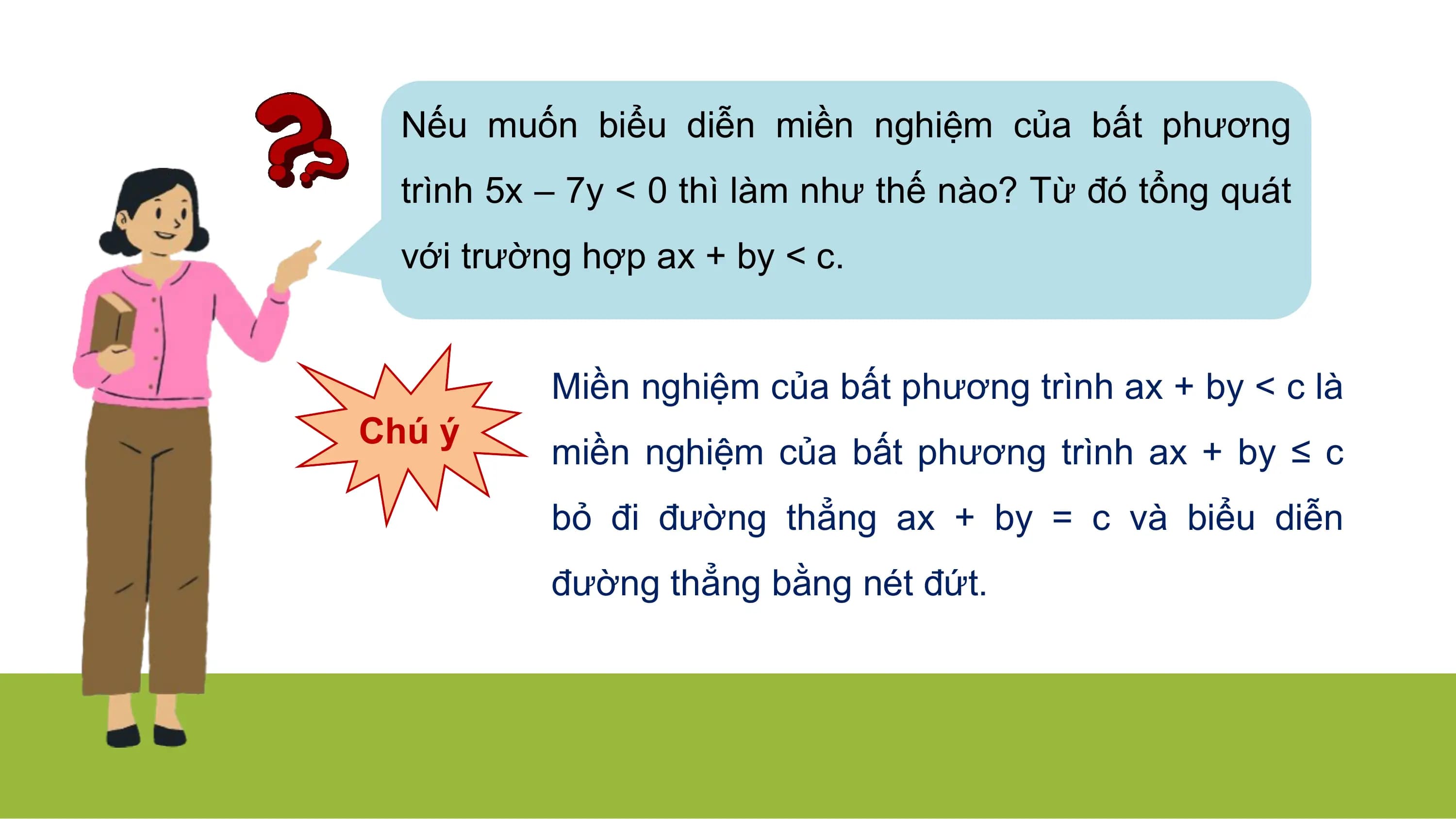 Nếu muốn biểu diễn miền nghiệm của bất phương
trình 5x – 7y < 0 thì làm như thế nào? Từ đó tổng quát
với trường hợp ax + by < c.
Miền nghiệm của bất phương trình ax + by < c là
Chú ý
miền nghiệm của bất phương trình ax + by ≤ c
bỏ đi đường thẳng ax + by = c và biểu diễn
đường thẳng bằng nét đứt.