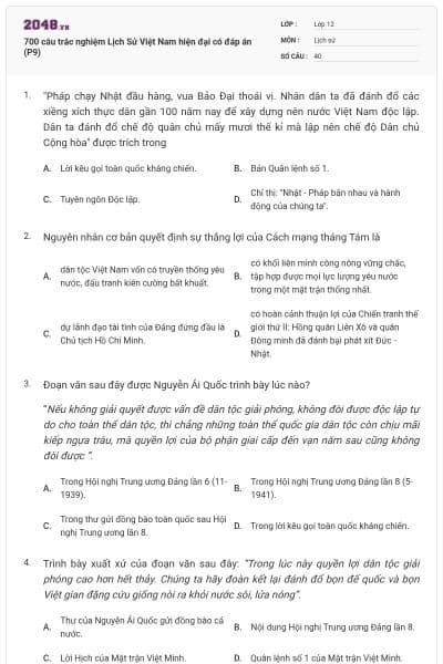 700 câu trắc nghiệm Lịch Sử Việt Nam hiện đại có đáp án (P9)