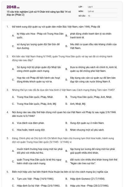 15 câu trắc nghiệm Lịch sử 9 Chân trời sáng tạo Bài 14 có đáp án (Phần 2)