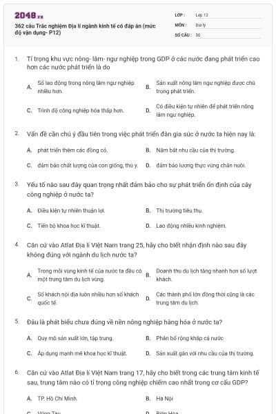 362 câu Trắc nghiệm Địa lí ngành kinh tế có đáp án (mức độ vận dụng- P12)