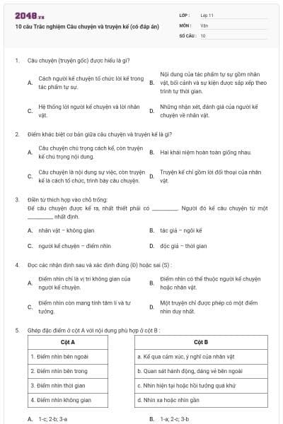 10 câu Trắc nghiệm Câu chuyện và truyện kể (có đáp án)