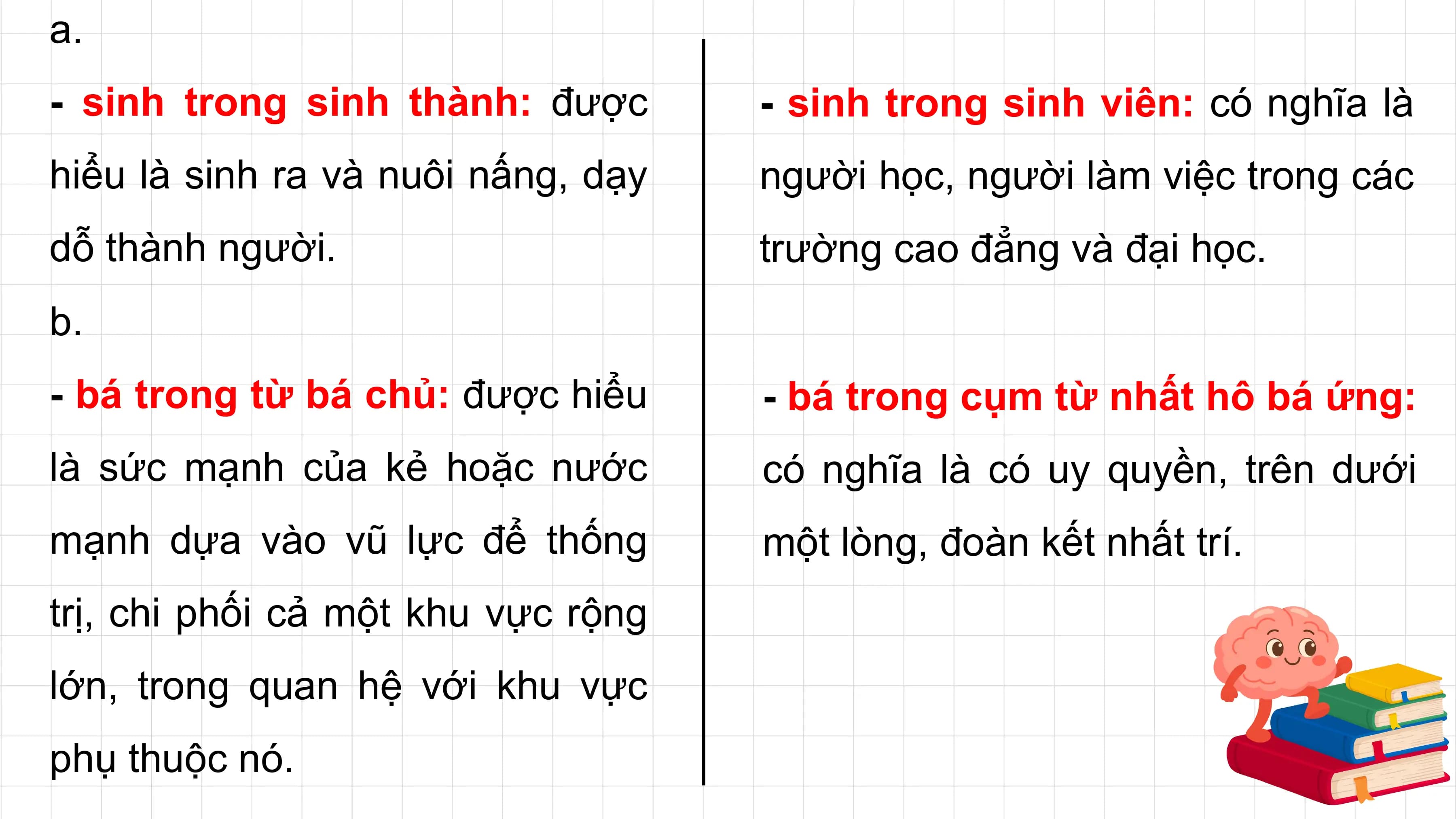 a.
- sinh trong sinh thành: được - sinh trong sinh viên: có nghĩa là
hiểu là sinh ra và nuôi nấng, dạy người học, người làm việc trong các
dỗ thành người. trường cao đẳng và đại học.
b.
- bá trong từ bá chủ: được hiểu - bá trong cụm từ nhất hô bá ứng:
là sức mạnh của kẻ hoặc nước có nghĩa là có uy quyền, trên dưới
mạnh dựa vào vũ lực để thống một lòng, đoàn kết nhất trí.
trị, chi phối cả một khu vực rộng
lớn, trong quan hệ với khu vực
phụ thuộc nó.