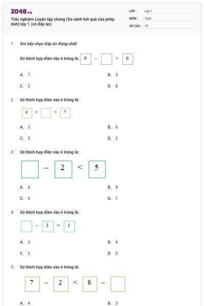 Trắc nghiệm Luyện tập chung (So sánh kết quả của phép tính) lớp 1 (có đáp án)