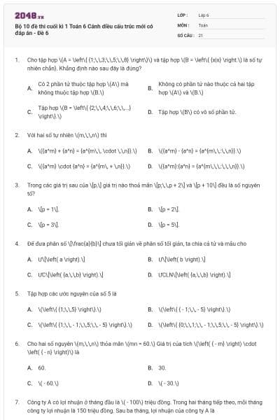 Bộ 10 đề thi cuối kì 1 Toán 6 Cánh diều cấu trúc mới có đáp án - Đề 6