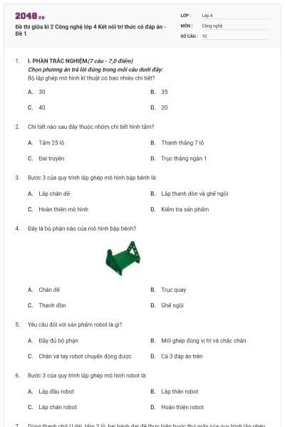 Đề thi giữa kì 2 Công nghệ lớp 4 Kết nối tri thức có đáp án - Đề 1