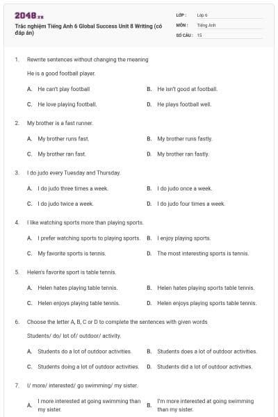 Trắc nghiệm Tiếng Anh 6 Global Success Unit 8 Writing (có đáp án)