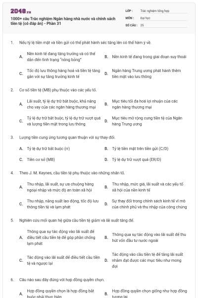 1000+ câu Trắc nghiệm Ngân hàng nhà nước và chính sách tiền tệ (có đáp án) - Phần 31