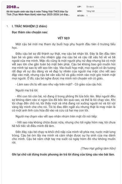 Đề thi tuyển sinh vào lớp 6 môn Tiếng Việt THCS Đào Sư Tích (Trực Ninh-Nam Định) năm học 2025-2026 (có đáp án)