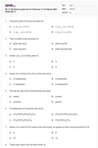 Bộ 11 Đề kiểm tra giữa học kì 2 Hóa học 11 có đáp án (Mới nhất) (Đề 1)