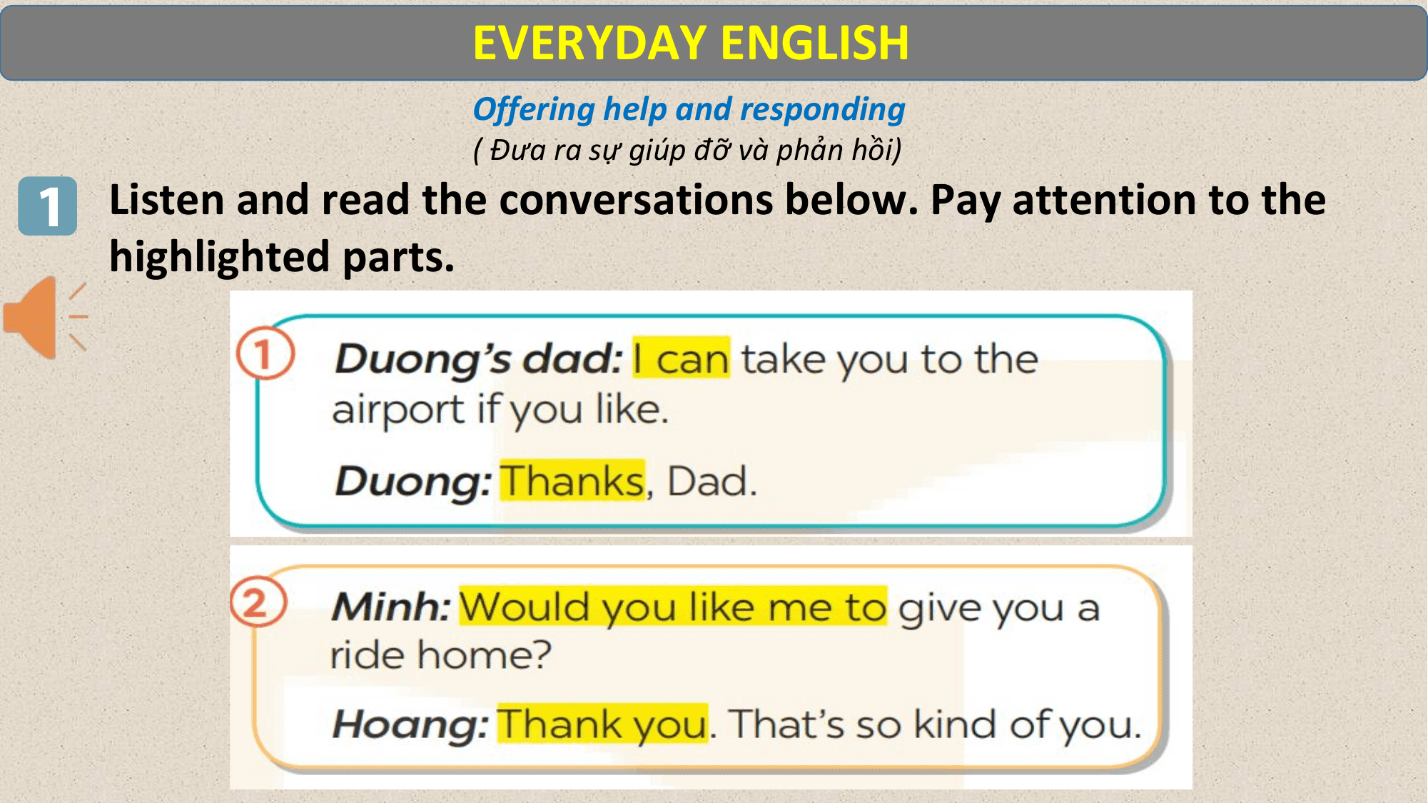 EVERYDAY ENGLISH
 Offering help and responding
 ( Đưa ra sự giúp đỡ và phản hồi)

1 Listen and read the conversations below. Pay attention to the
 highlighted parts.