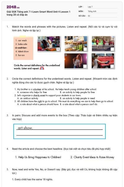 Giải SGK Tiếng anh 7 I-Learn Smart Word Unit 4 Lesson 1 trang 28 có đáp án