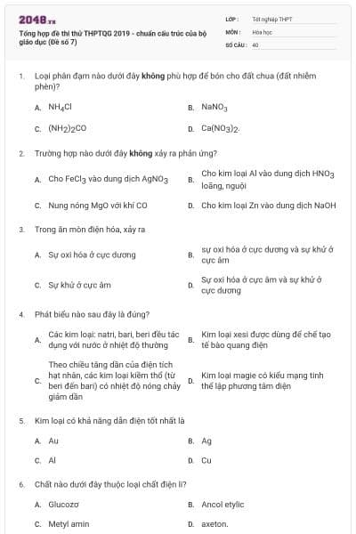 Tổng hợp đề thi thử THPTQG 2019 - chuẩn cấu trúc của bộ giáo dục (Đề số 7)