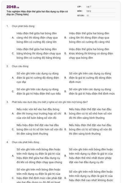 Trắc nghiệm Hiệu điện thế giữa hai đầu dụng cụ điện có đáp án (Thông hiểu)